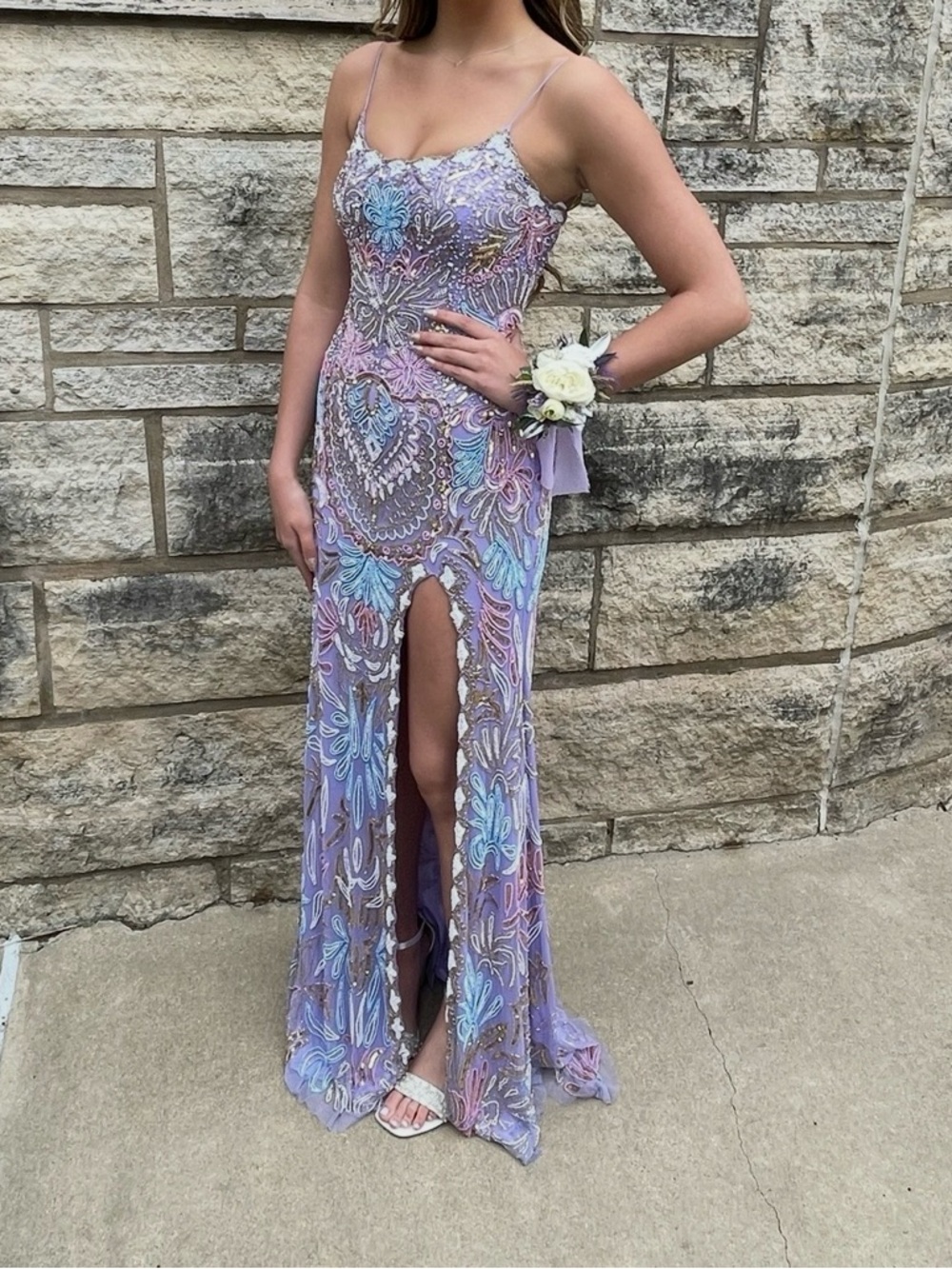 Rachel Allan Lavender and Pastel Multicolor Sequin Prom Gown with Slit, Size 4